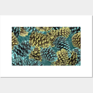 Pinecones Gold and Cyan on Teal Repeat Posters and Art